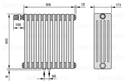 Схема (чертеж) Радиатор Zehnder Charleston 5090/11 №V007 Белый глянцевый RAL 9016